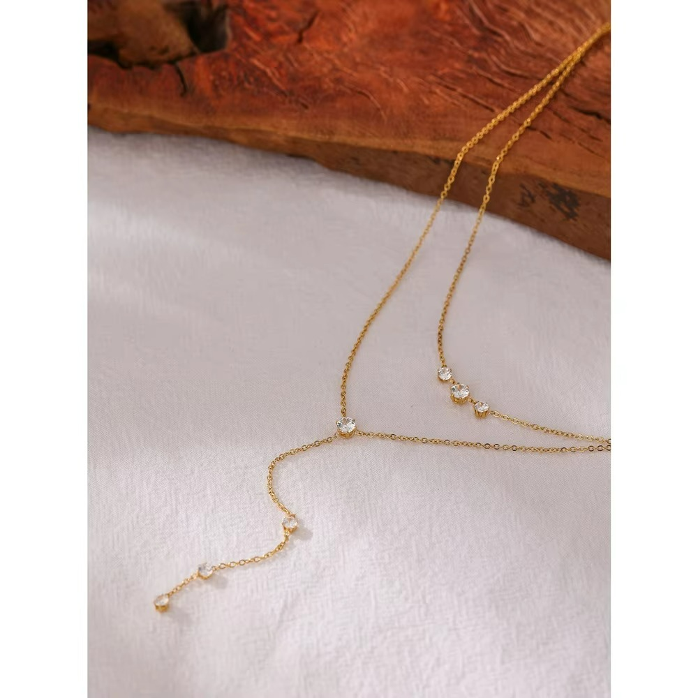 Zirconia Layered Long Pendant Necklace