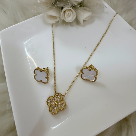 Four Leaf Clover Necklace and Earrings Set White