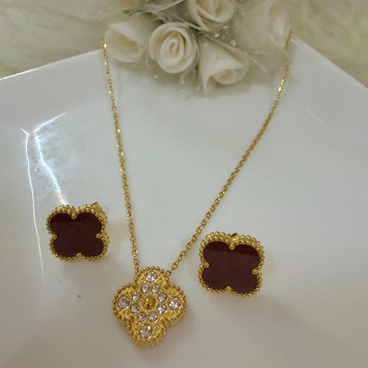 Four Leaf Clover Necklace and Earrings Set Red