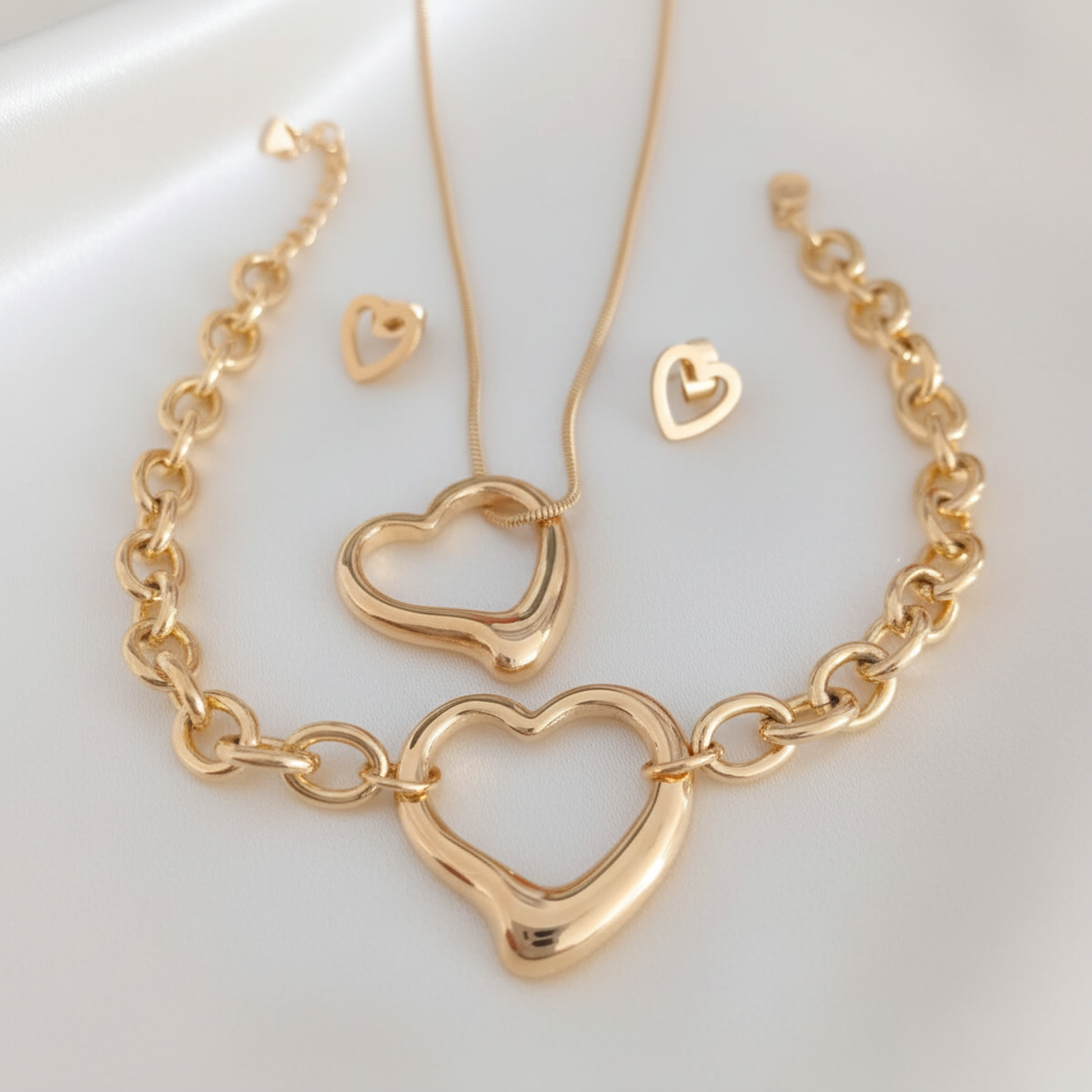 Hollow Heart Necklace, Bracelet and Earrings set
