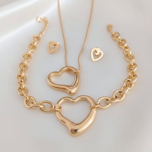 Hollow Heart Necklace, Bracelet and Earrings set