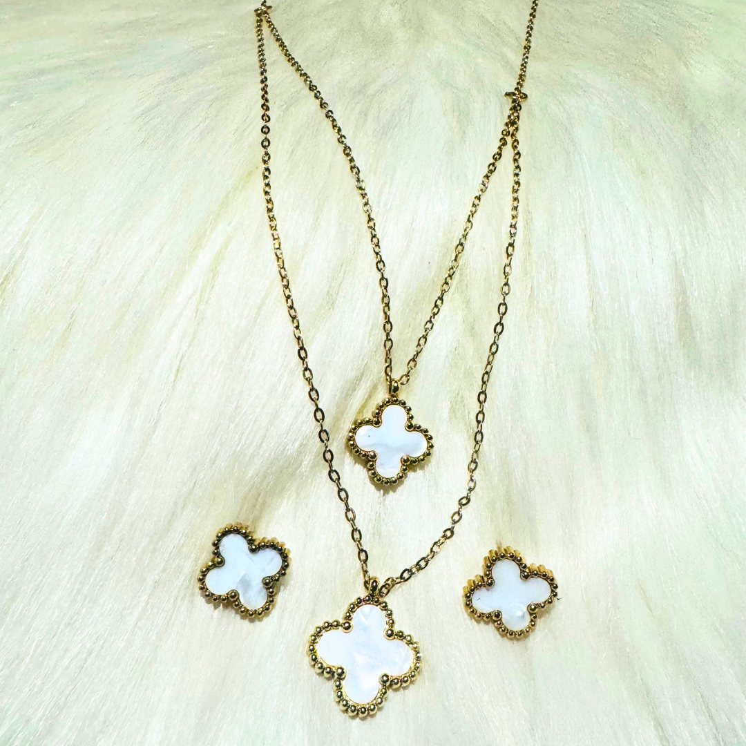 White Four Leaf Clover Layered Necklace and Earrings Set