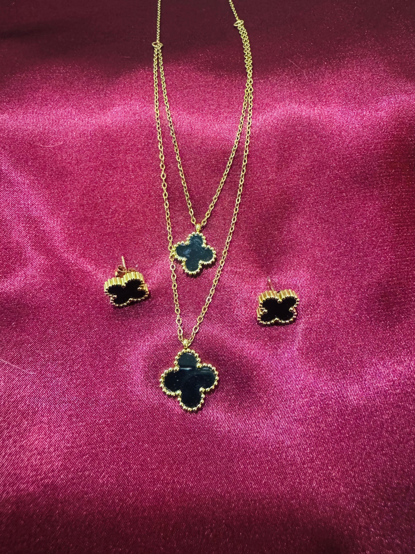 Black Four Leaf Clover Layered Necklace and Earrings Set