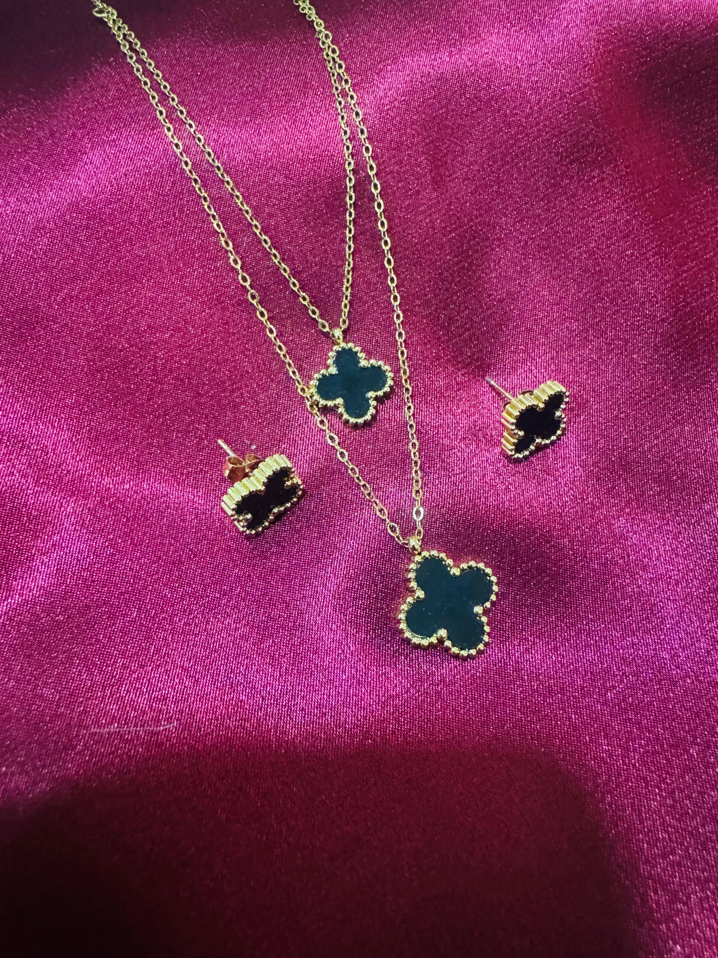 Black Four Leaf Clover Layered Necklace and Earrings Set