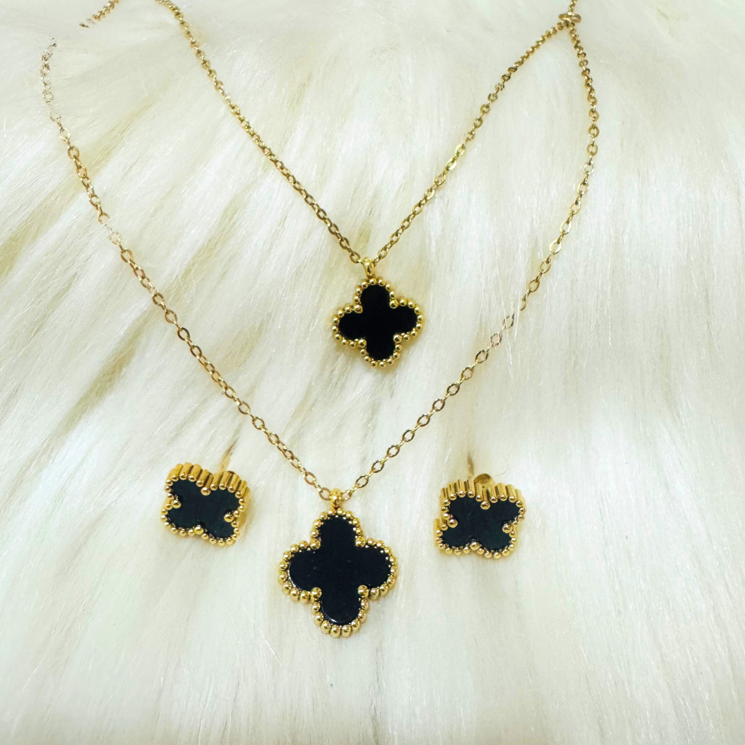 Black Four Leaf Clover Layered Necklace and Earrings Set