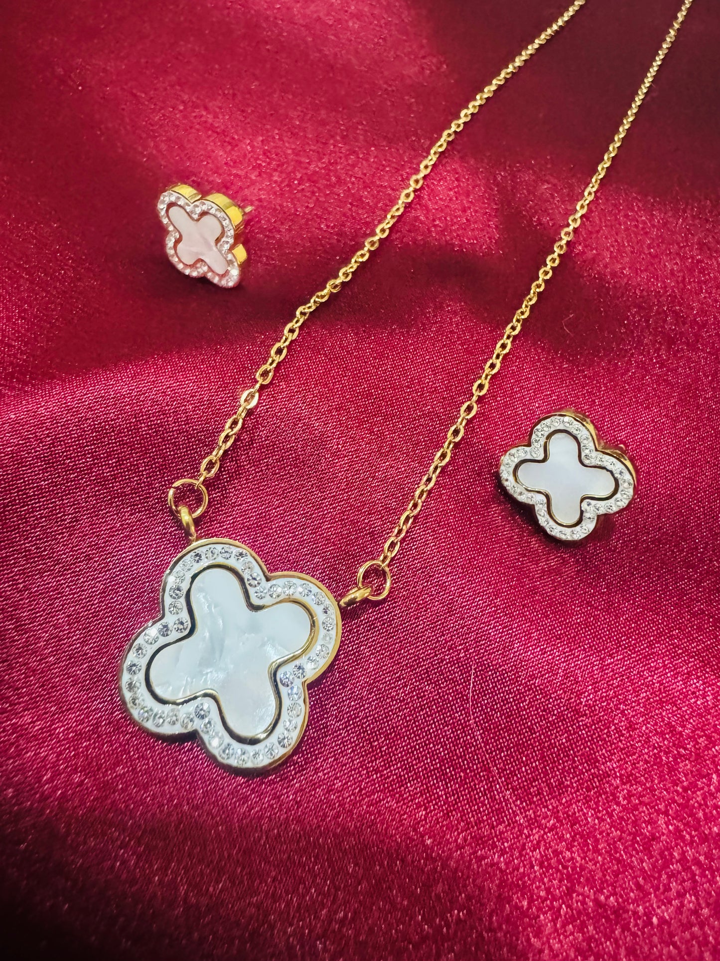 Studded Four Leaf Clover Necklace and Earrings Set