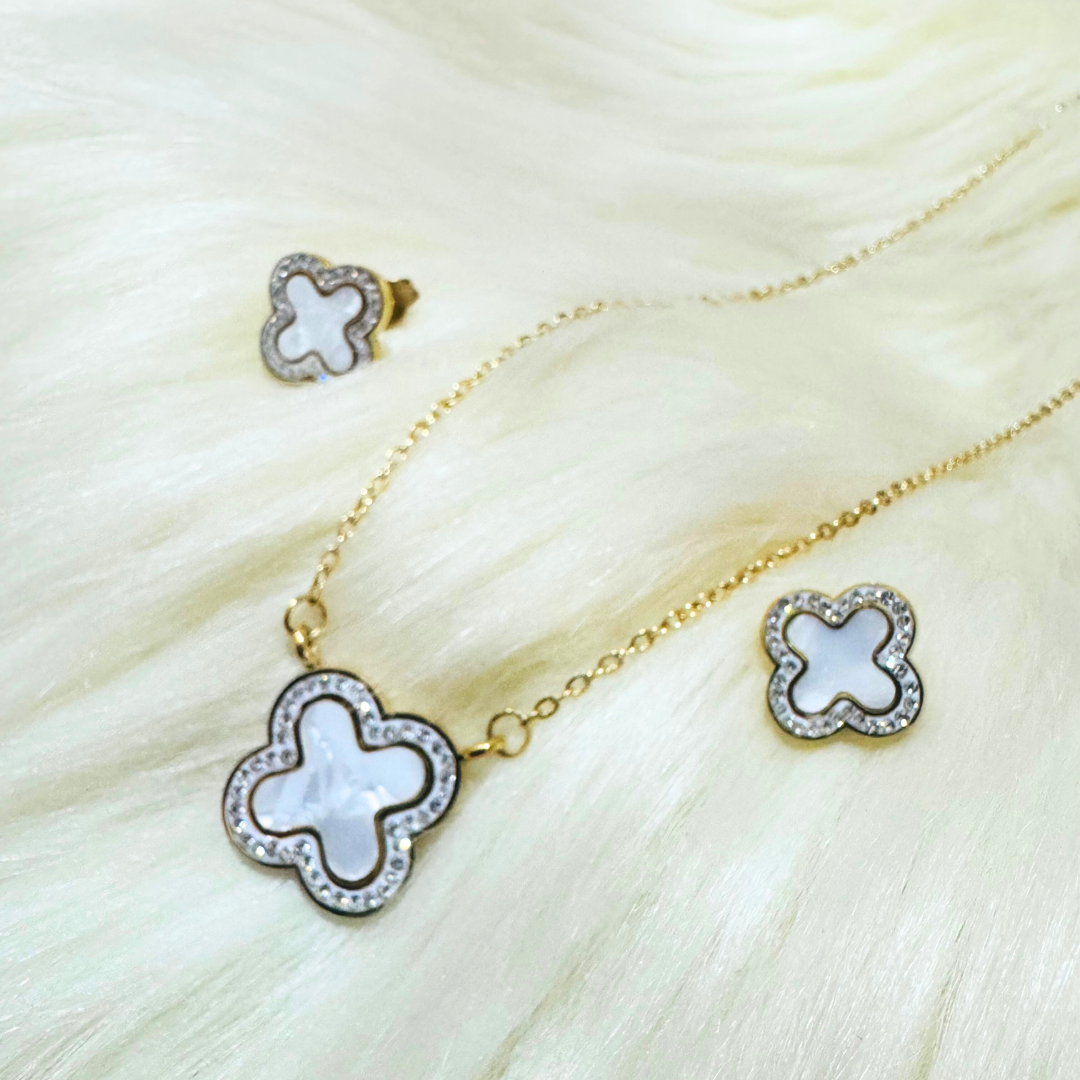 Studded Four Leaf Clover Necklace and Earrings Set