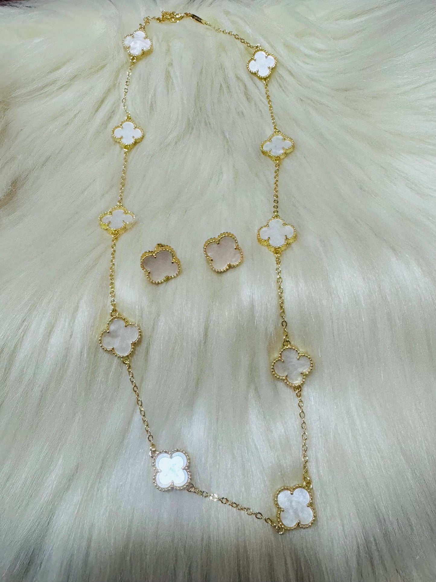 White Four Leaf Clover Necklace and Earrings Set