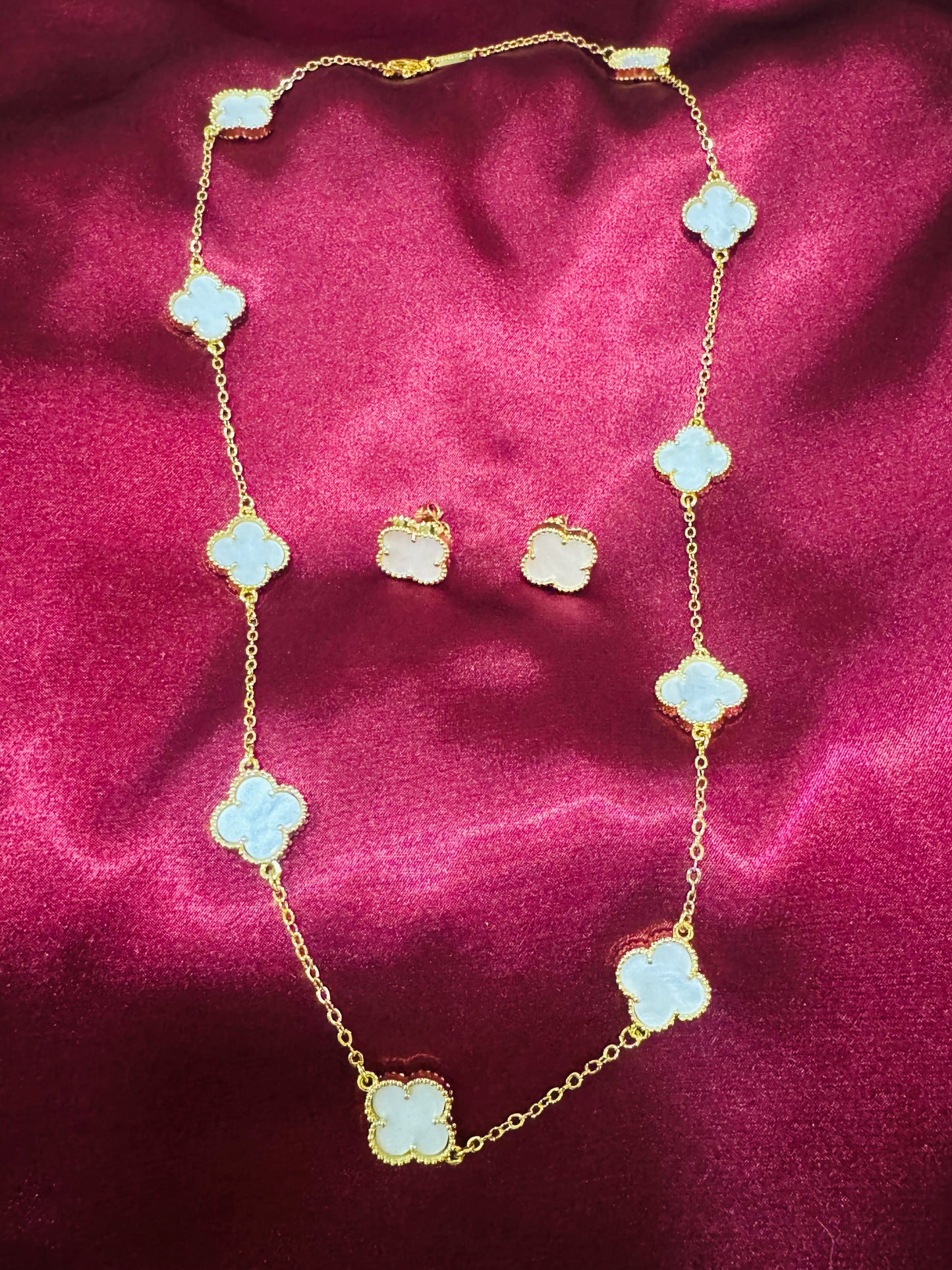 White Four Leaf Clover Necklace and Earrings Set