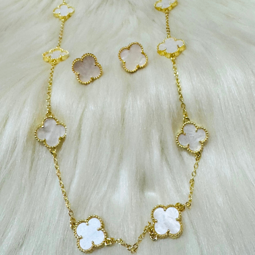 White Four Leaf Clover Necklace and Earrings Set