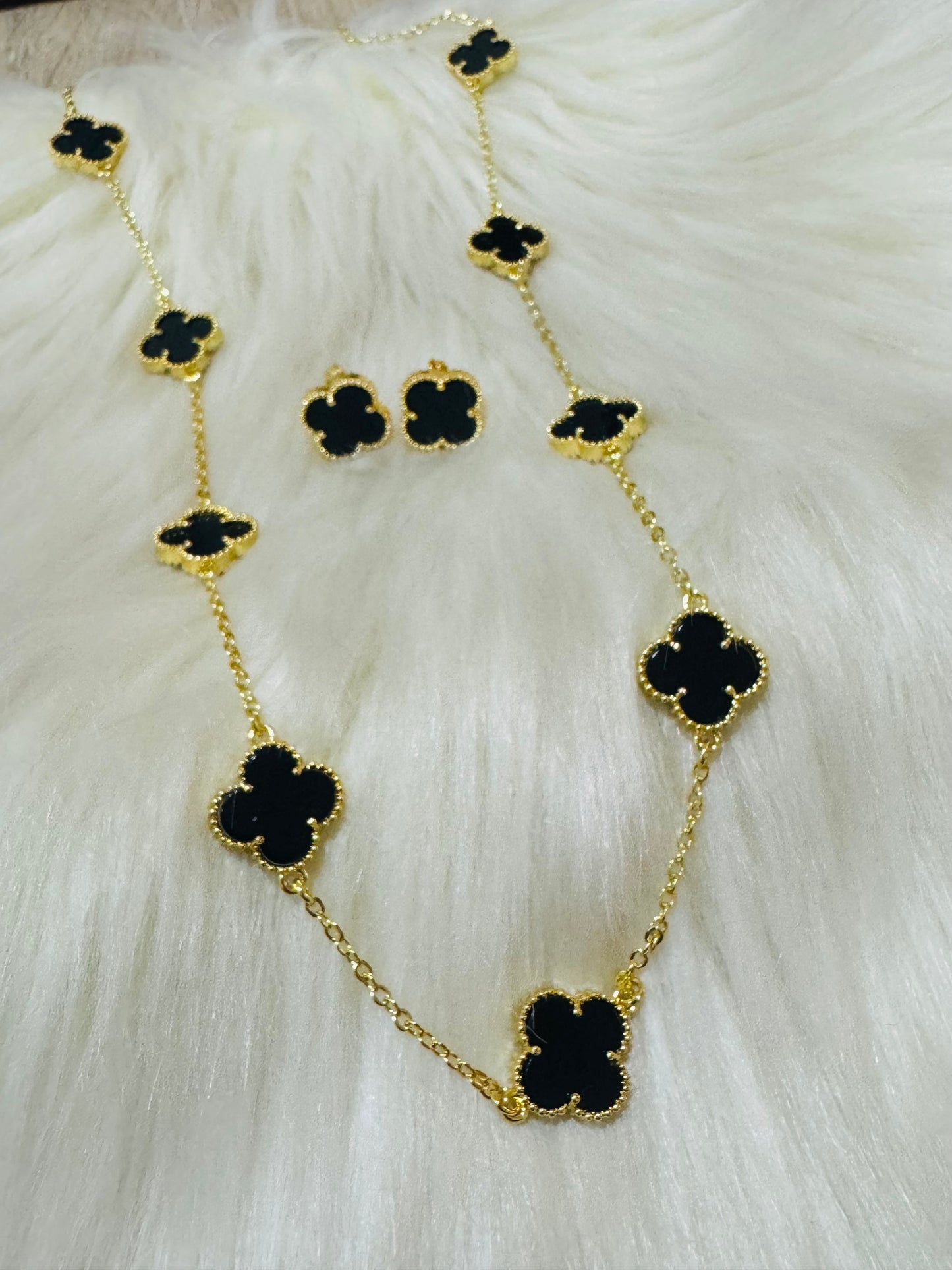 Black Four Leaf Clover Necklace and Earrings Set