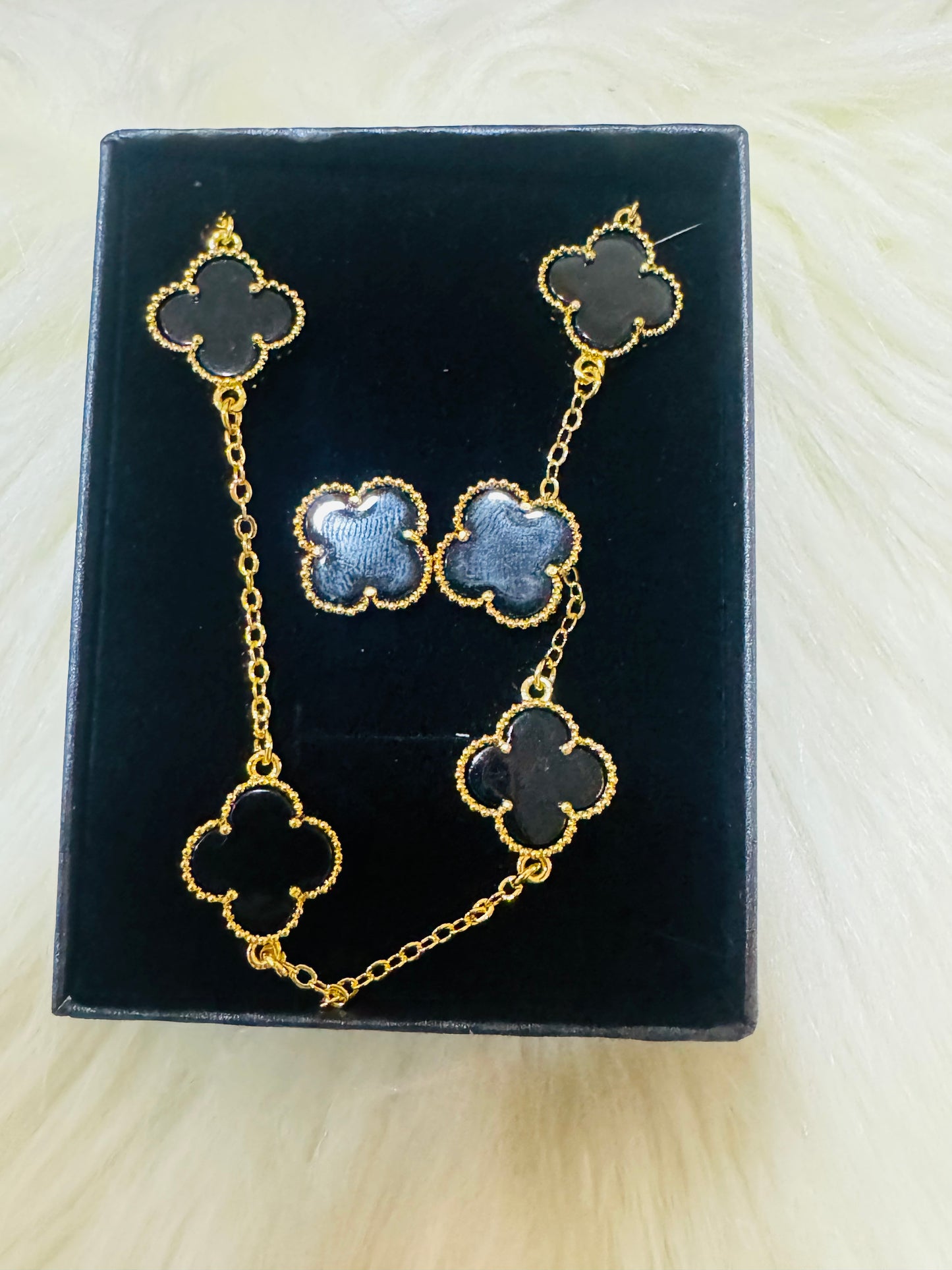 Black Four Leaf Clover Necklace and Earrings Set