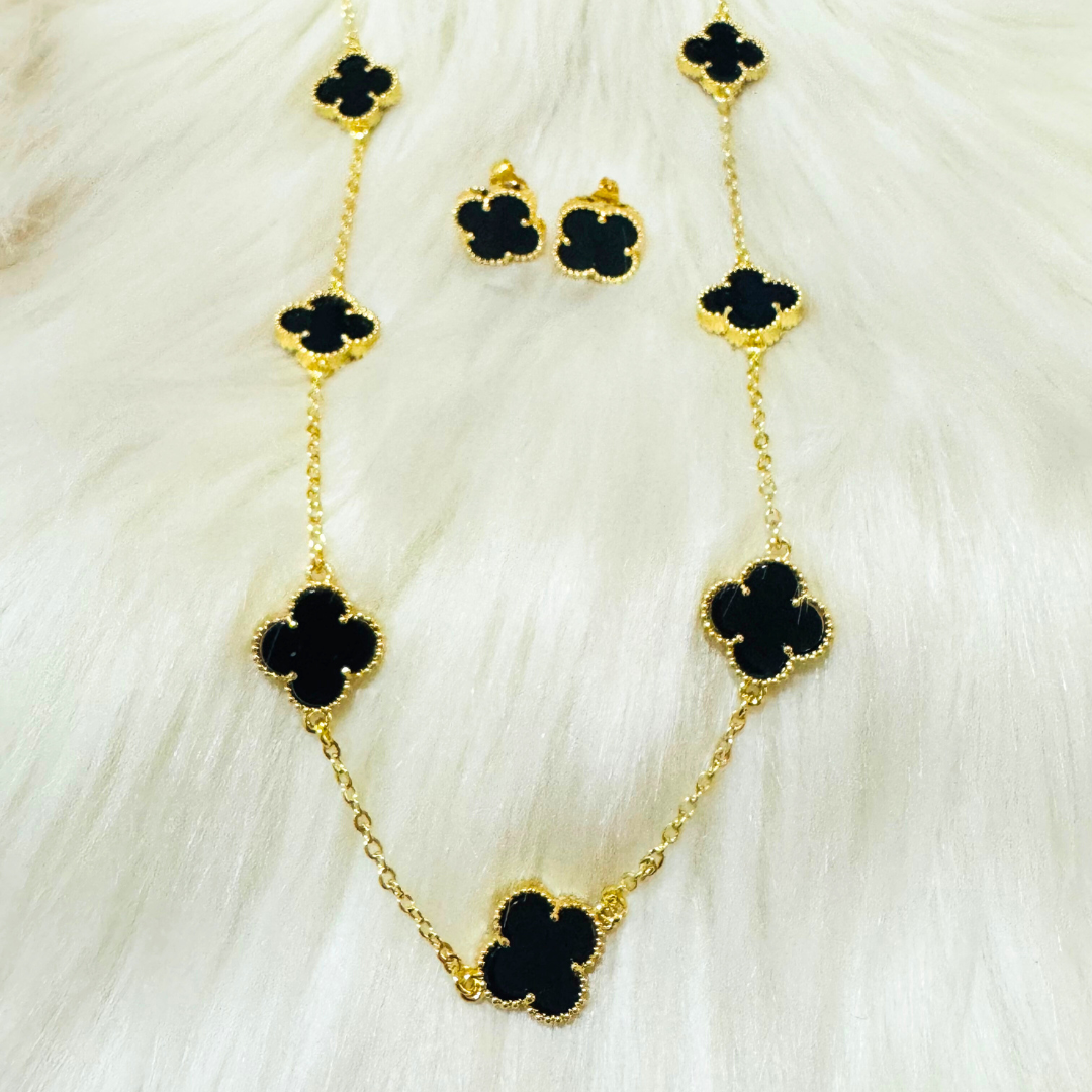 Black Four Leaf Clover Necklace and Earrings Set