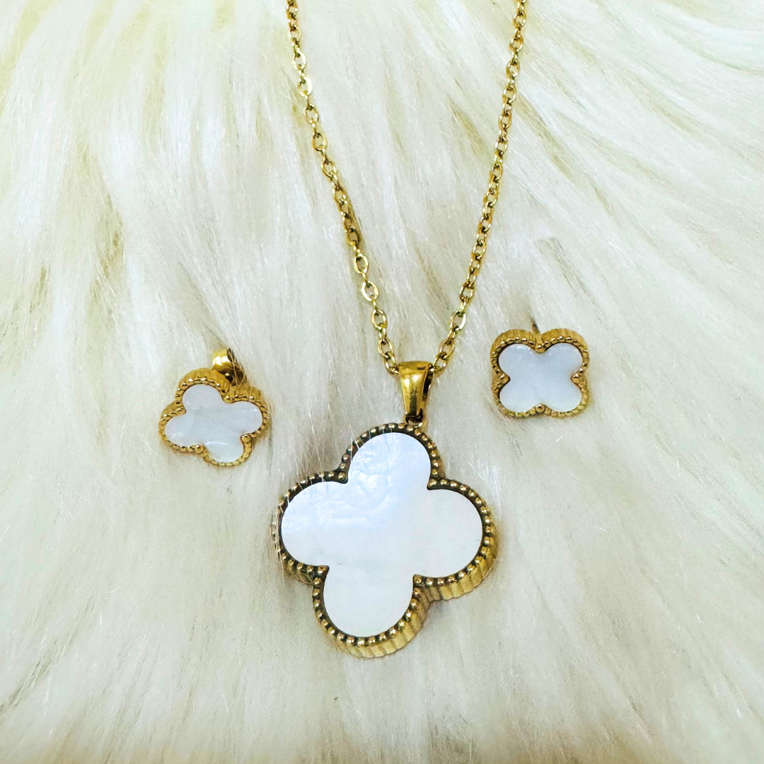 White Four Leaf Clover Necklace and Earrings Set