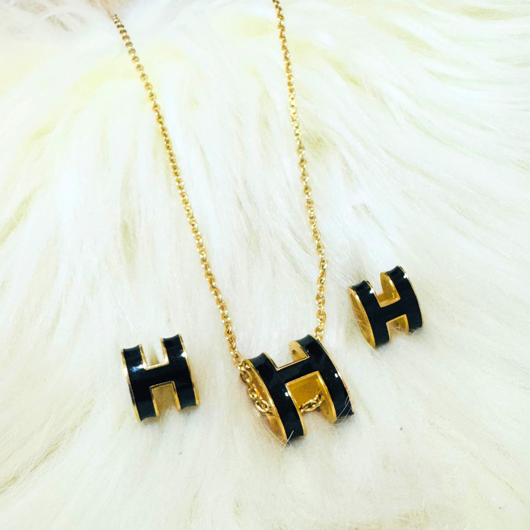 H Black Enamel Necklace and Earrings Set