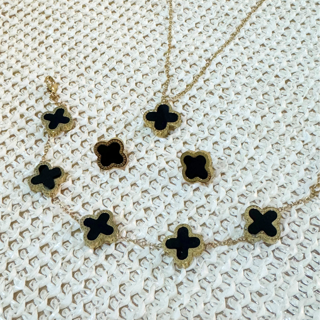 Four Leaf Clover Necklace Bracelet and Earrings Set Black