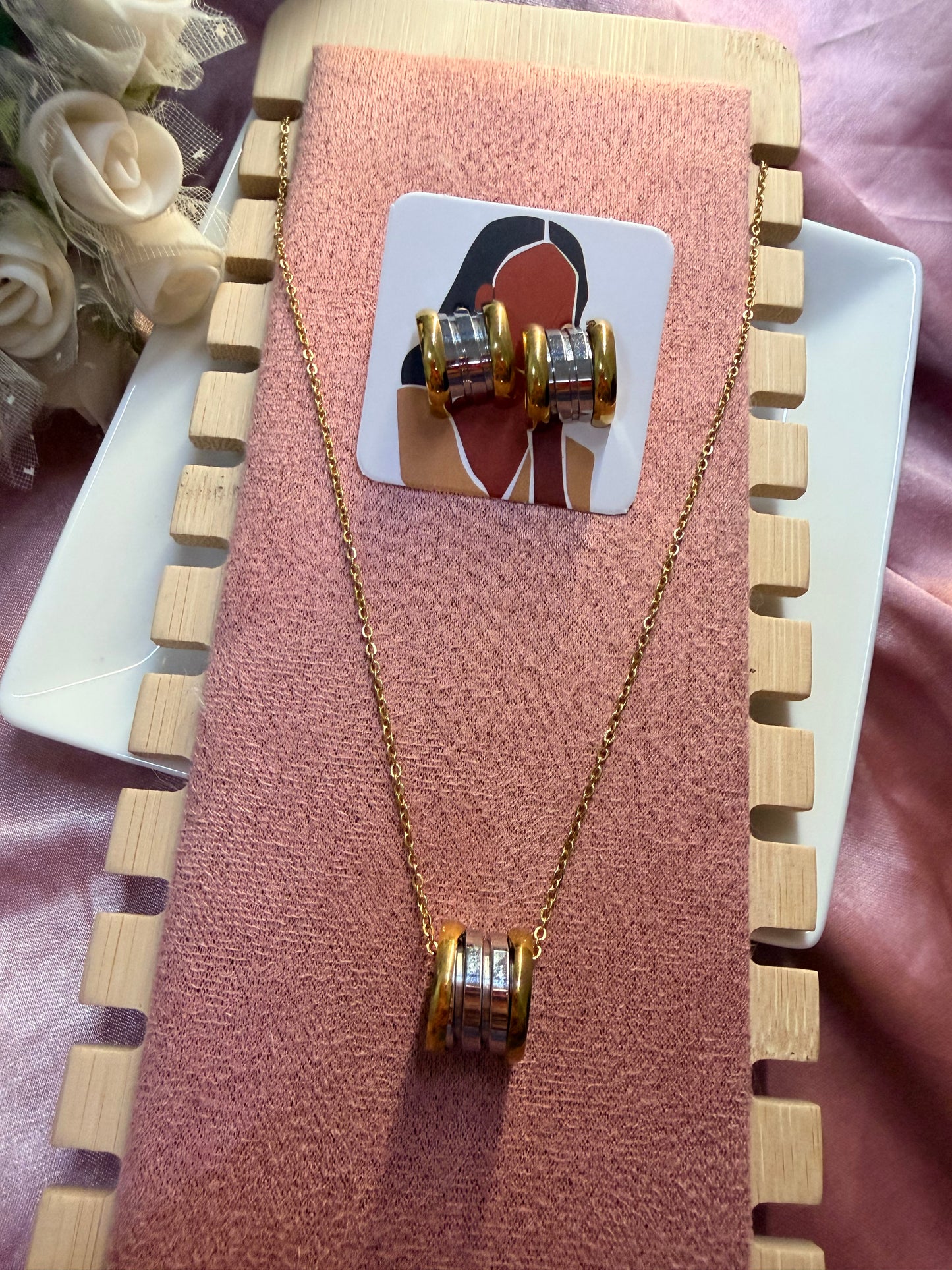 2 tone B zero Necklace and Earrings Set