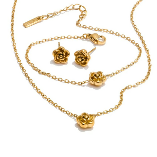 Rose Earrings Necklace and Bracelet Set