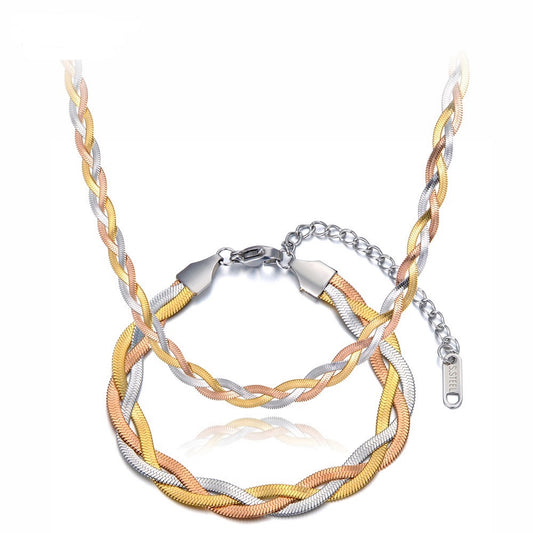 Tricolor Snake Chain Necklace and Bracelet Set