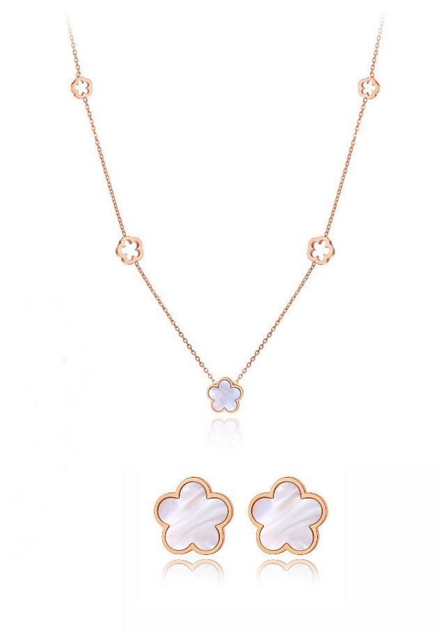 White Shell Flower Necklace and Earrings Set