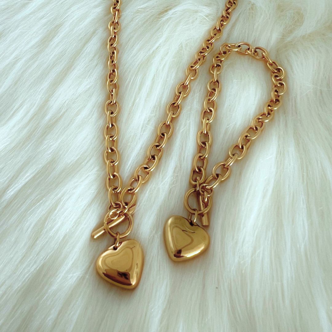 Love Heart Necklace and Bracelet Set
