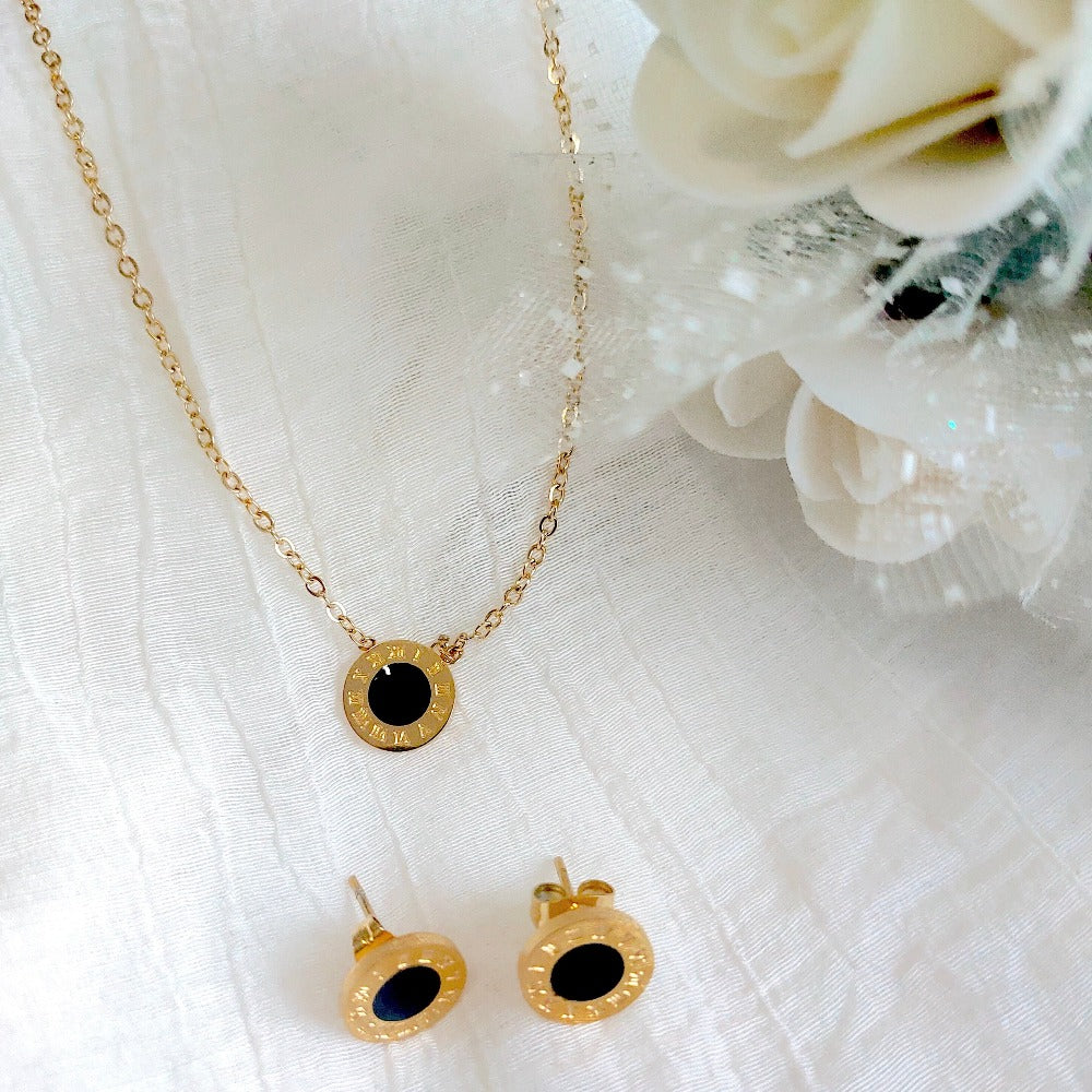 Roman Numeral Black Necklace and Earrings set